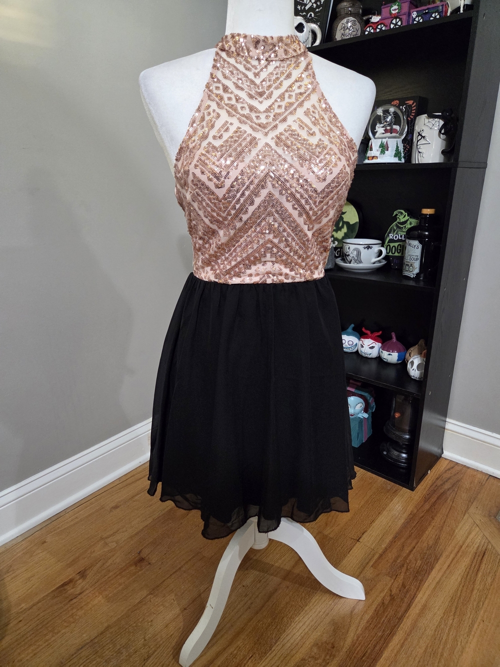 Xtraordinary Rose Gold Sequin Halter Skater Dress with Black Skirt